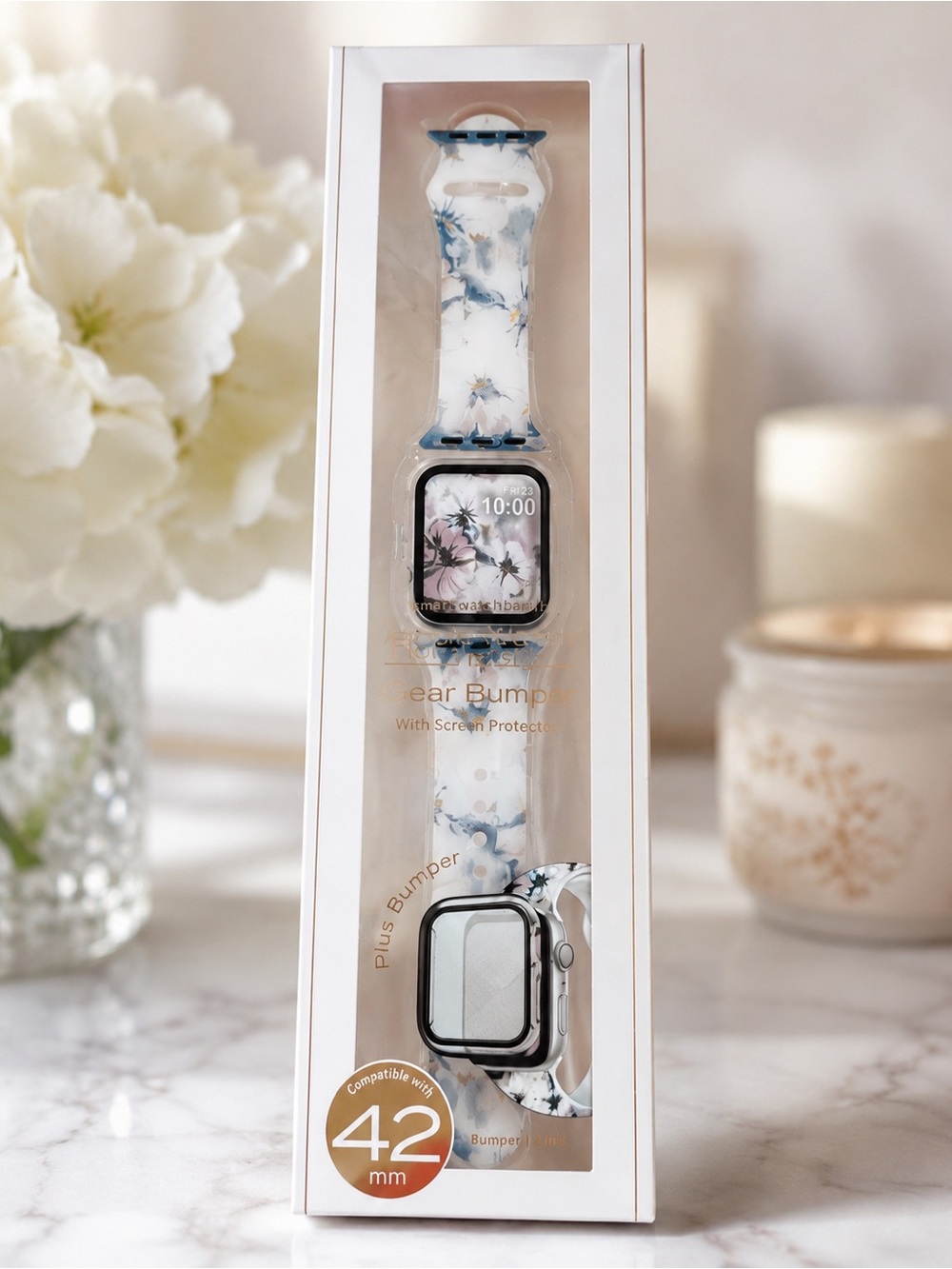 Apple Watch Band with Floral Design - Blue and White